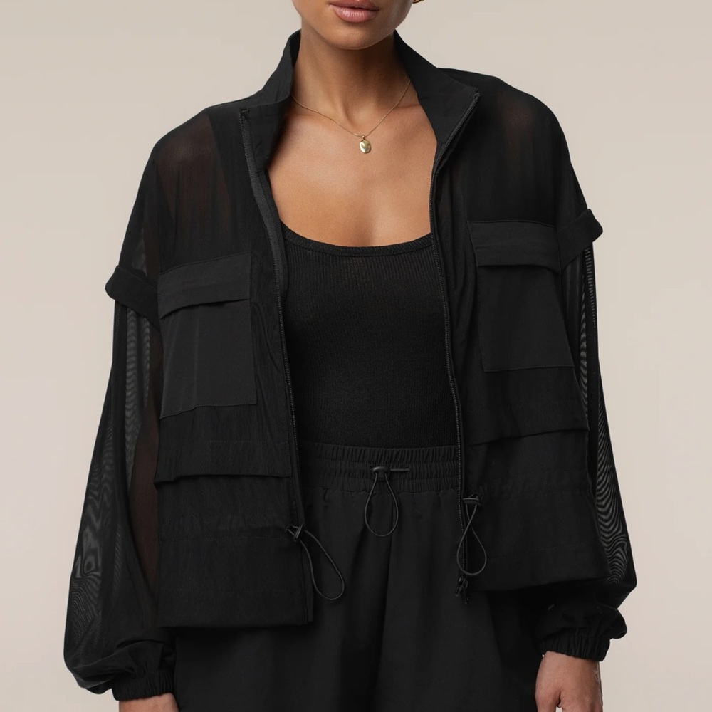 JLuxLabel “Flow Jacket” Black Sheer Jacket with Drawstring Waist